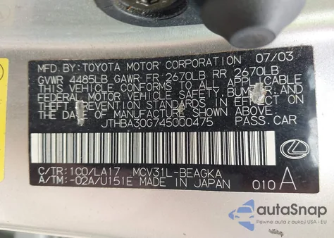 2004 Lexus Es 330 z USA, uszkodzony, nr VIN JTHBA30G745000475